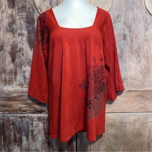 Red square neck embellished tunic sweater